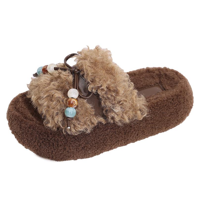 Bow thick-bottomed fluffy slippers for women's 2025 winter new outer wear one-word drag Internet celebrity plush cotton slippers atmosphere