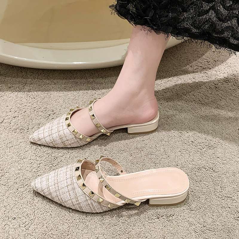 Fashion Rivet Baotou Half Slippers Women's Summer Wear New Thick Heel Pointed Head Low Heel Lazy Muller Fairy Cool Slippers
