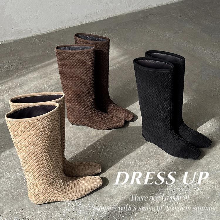 European fashion and comfortable sleeve low-heeled women's boots 2025 autumn and winter new fine-heeled woven high-heeled square boots