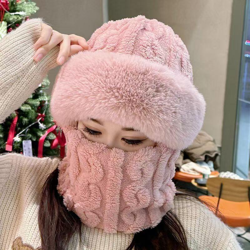 Cute bear hat mask integrated women's autumn and winter cycling to keep warm new rabbit hair windproof hat children's scarf