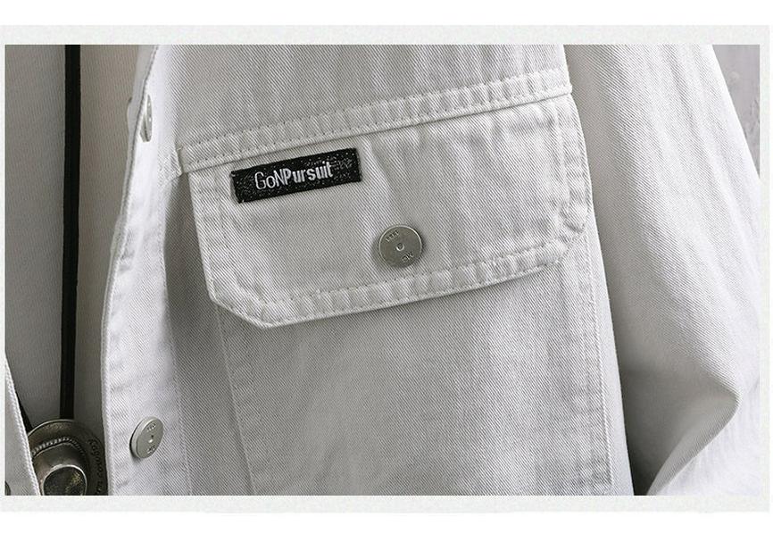2026 Spring Men's White Denim Long-Sleeved Shirt Jacket with Pockets for Teens