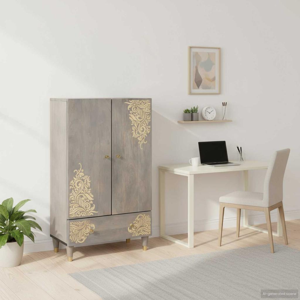 Highboard Gray and Gold 60 x 33 x 100 cm Solid Mango Wood