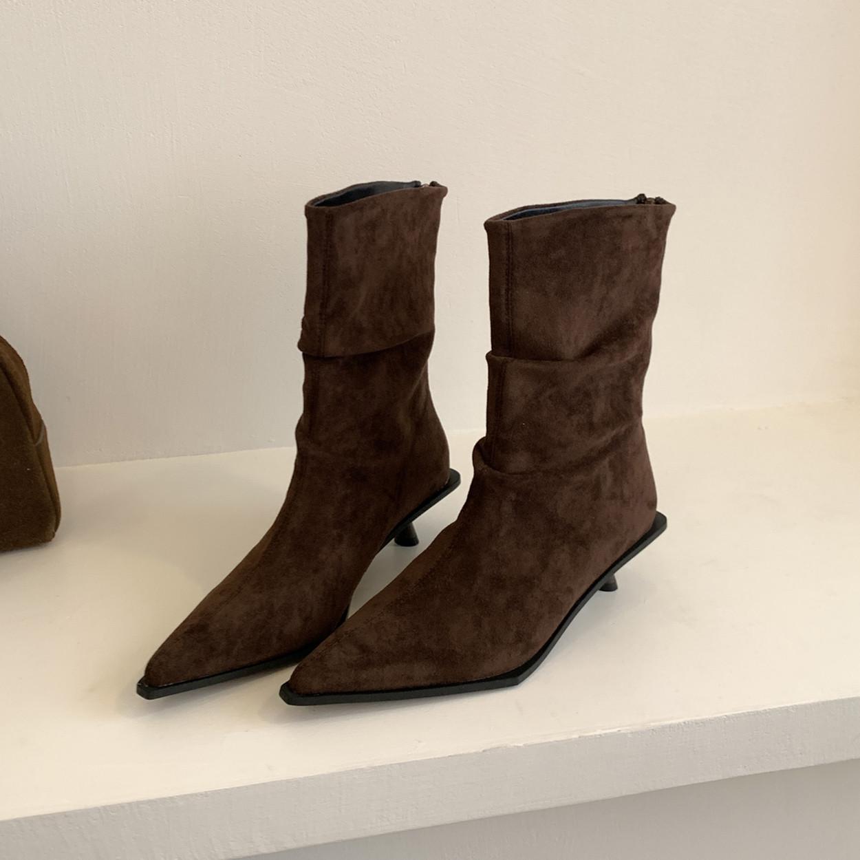 

Мода Bailamos 2025 Новый бренд Женские короткие ботинки Тонкий средний каблук Уличные туфли-лодочки Модные плиссированные женские элегантные ботильоны Обувь 36 коричневый