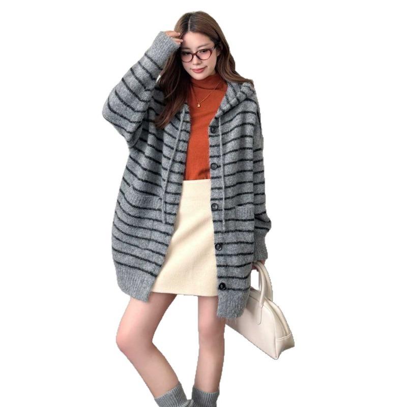 Hooded striped casual knitted cardigan women's autumn and winter new fashion loose lazy sweater jacket