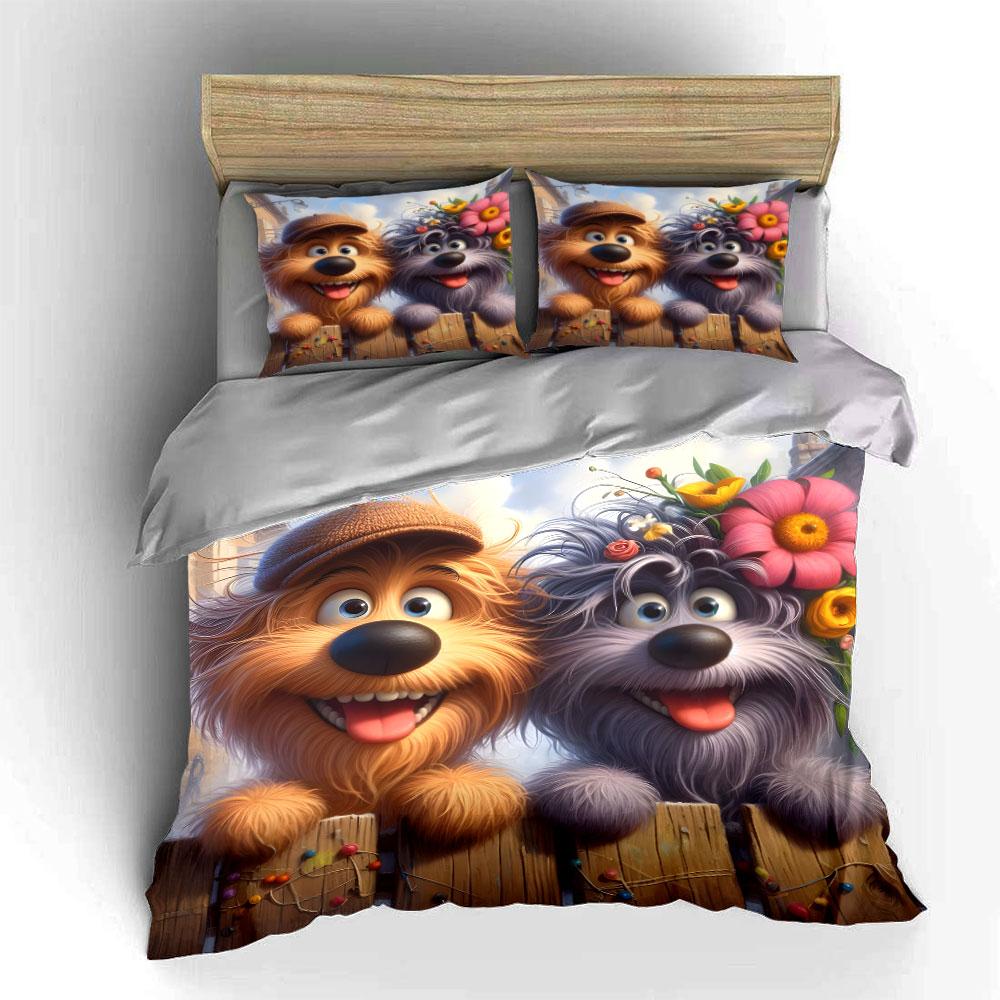 Happy Cartoon Dogs with Flowers Bedding Duvet Cover Set (1*Duvet Cover 2*Pillowcases, without duvet insert)
