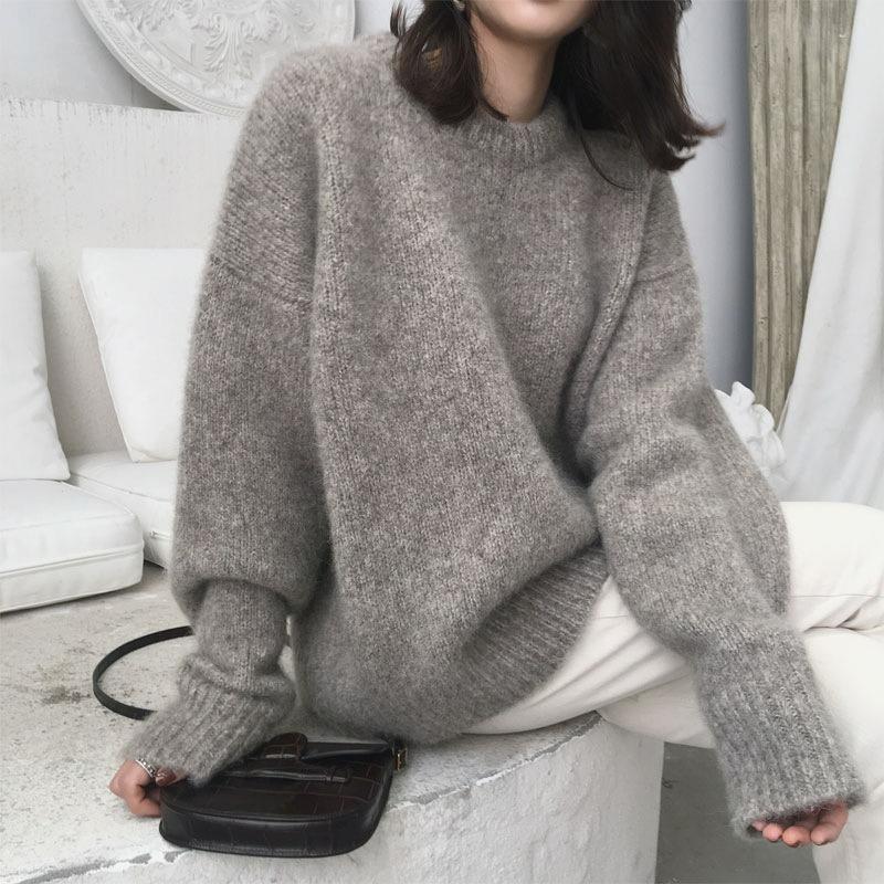 Solid Color Seahorse Woolen Sweater Women's Autumn and Winter Retro Style Loose Inner Pullover Knitted Outer Clothes