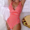 Damen-Monokini, tiefer V-Ausschnitt, ärmellos, schmale Passform, einteiliger Bikini, Streifenmuster, hohe Taille, Bauchkontrolle, einteiliger Badeanzug