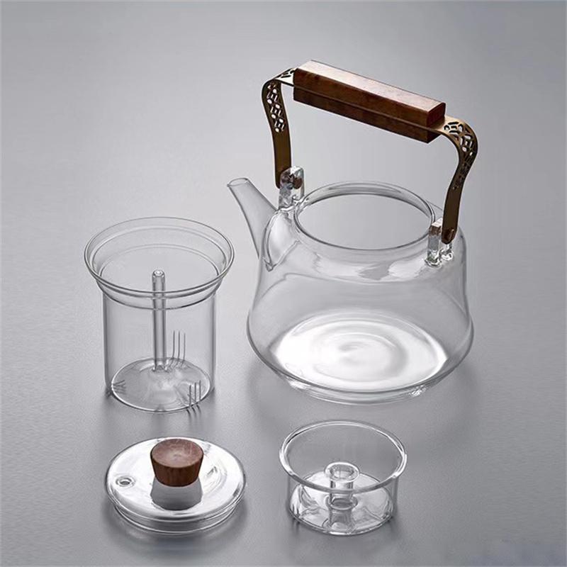 Japanese Heat Resistant Glass Tea Pot with Tea Infuser Copper Wood Handle Kungfu Tea Kettle Brewing Puer Teapot Teaware