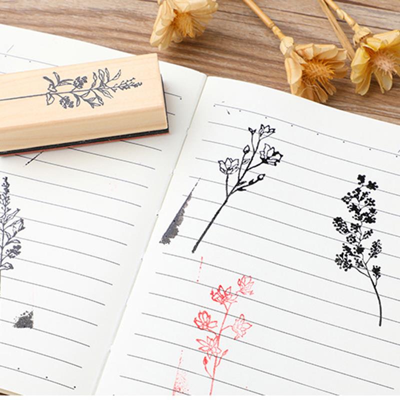 Tampons Plante Fleur Vintage Set de Tampons en Bois et Caoutchouc avec Tampon Encreur Rouge pour Création de Cartes Planner Scrapbook