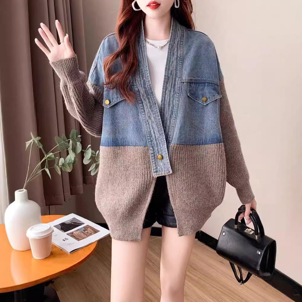 Women's Vintage Denim Patchwork Sweater Coat Woman Autumn and Winter Thickened Loose Cardigan