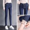 Women Fashion Soild Plush Jeans High Waist Thickened Tight Fitting Sweatpants Warm Casual Pants