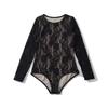 Crocheted Mesh Lace Bodysuit - Slimming Long Sleeve Round Neck Top