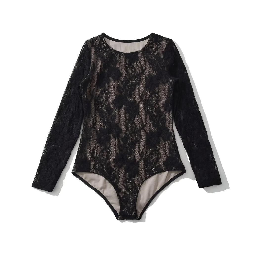Crocheted Mesh Lace Bodysuit - Slimming Long Sleeve Round Neck Top