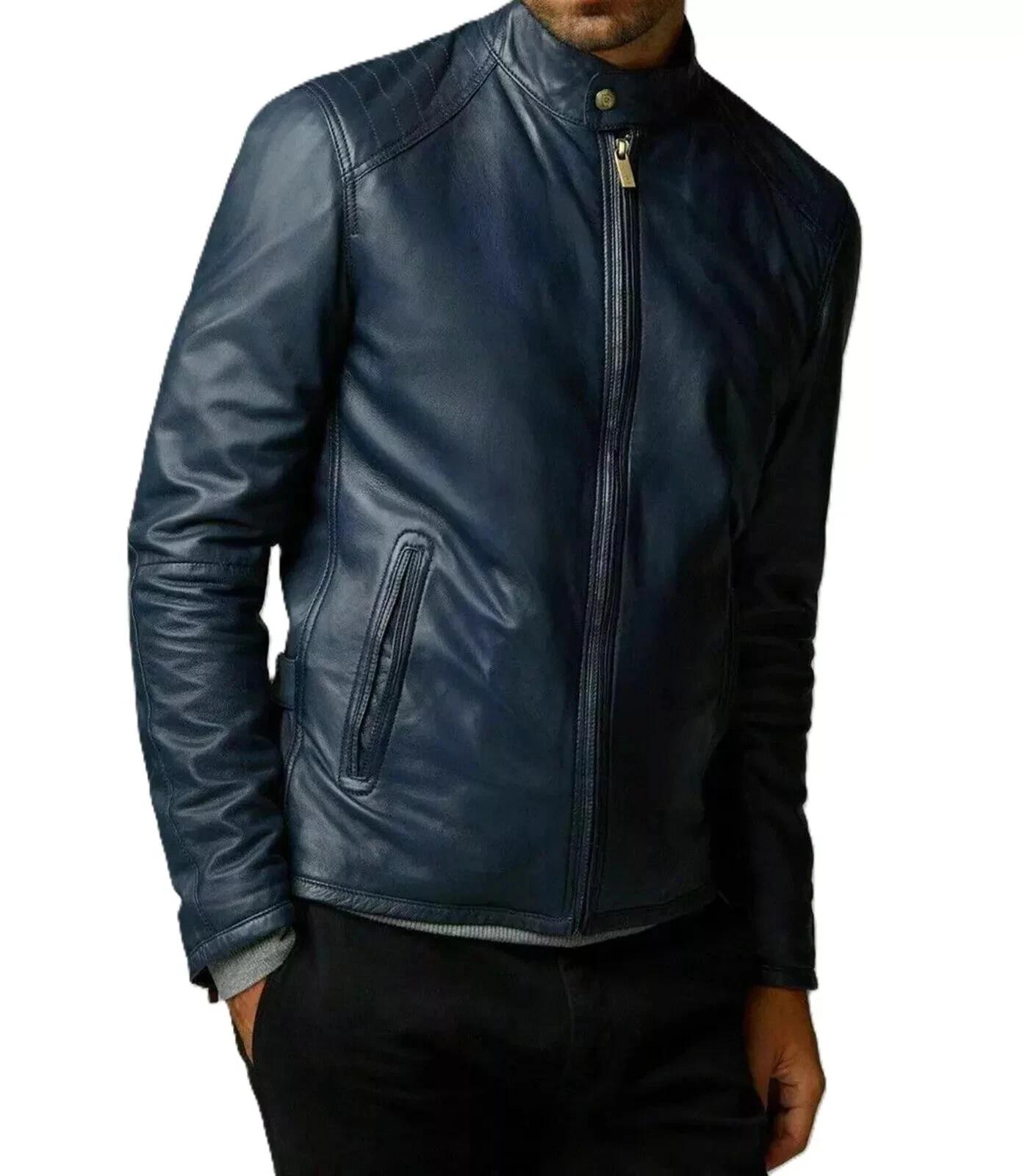 

Stylish Biker Motorcycle Men s New Blue Jacket Handmade Leather Genuine Lambskin Fit 3XL