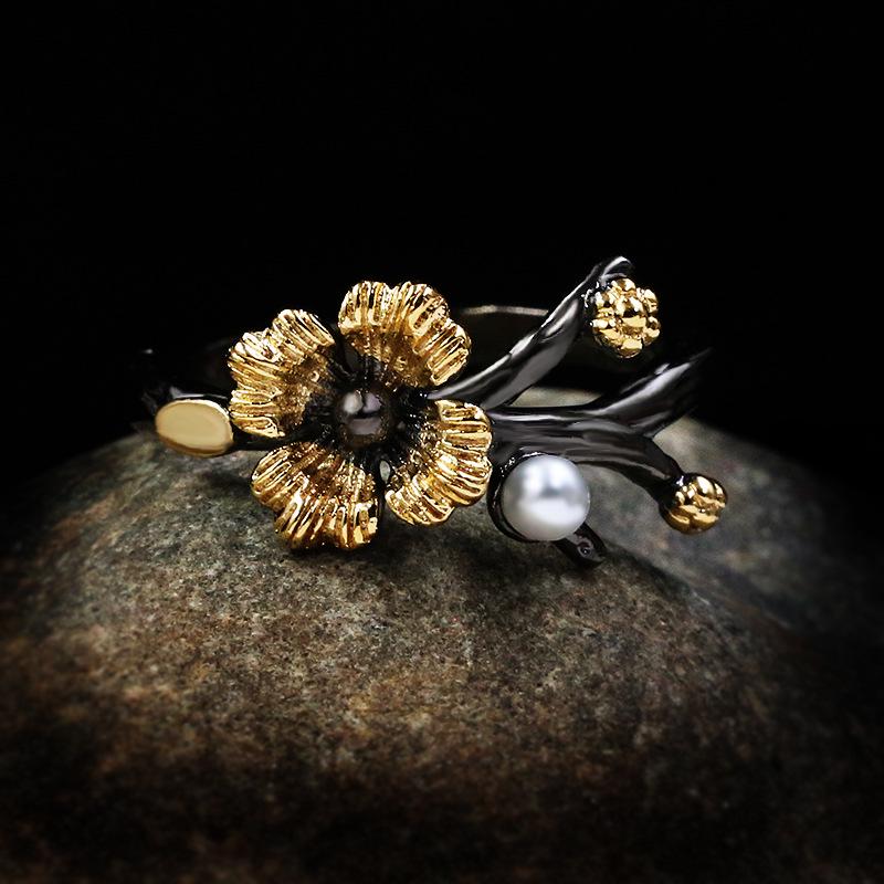 Silver Exquisite Daisy Flower Rings for Women Retro Wedding Black Gold Baroque Pearl Branches Vintage Ring Jewelry Gift