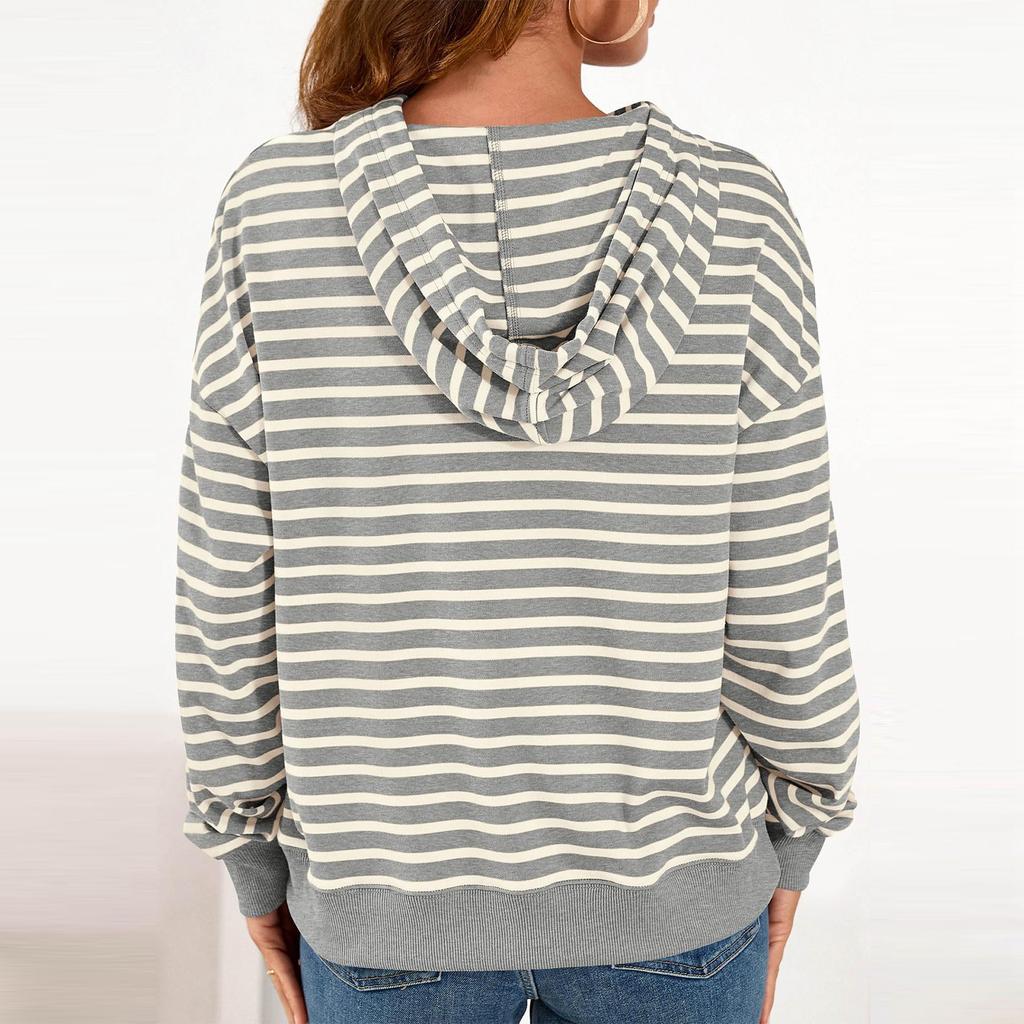 Damen Gestreiftes Kapuzen Sport Casual T-Shirt Sweatshirt