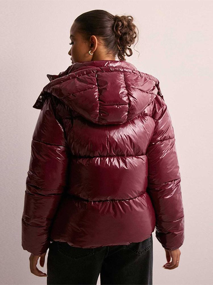 Women's Stand Up Collar Hooded Long Sleeved Zipper Glossy Thick Jacket for Winter