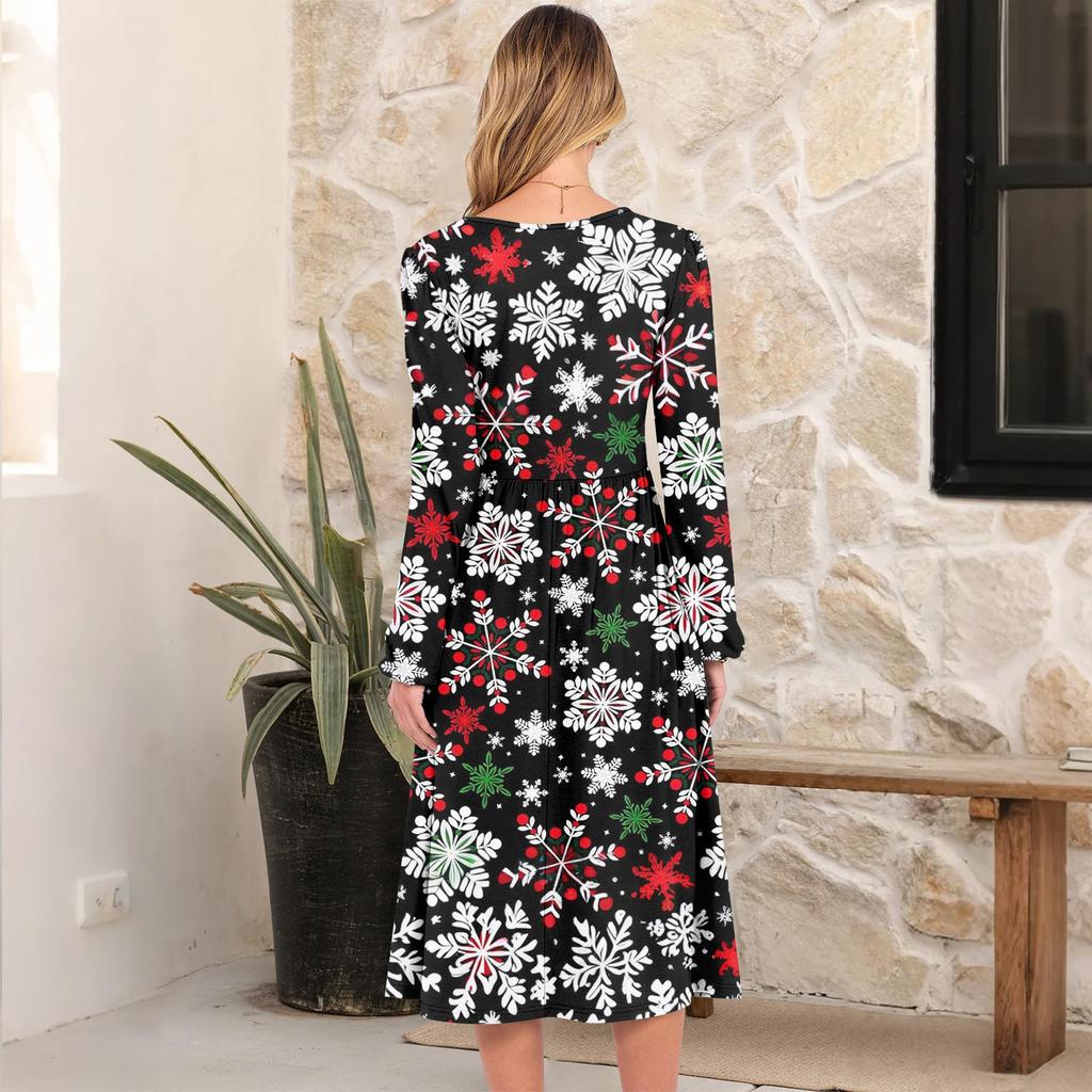 Women's Christmas Printed Fashionable Loose Round-neck Dress