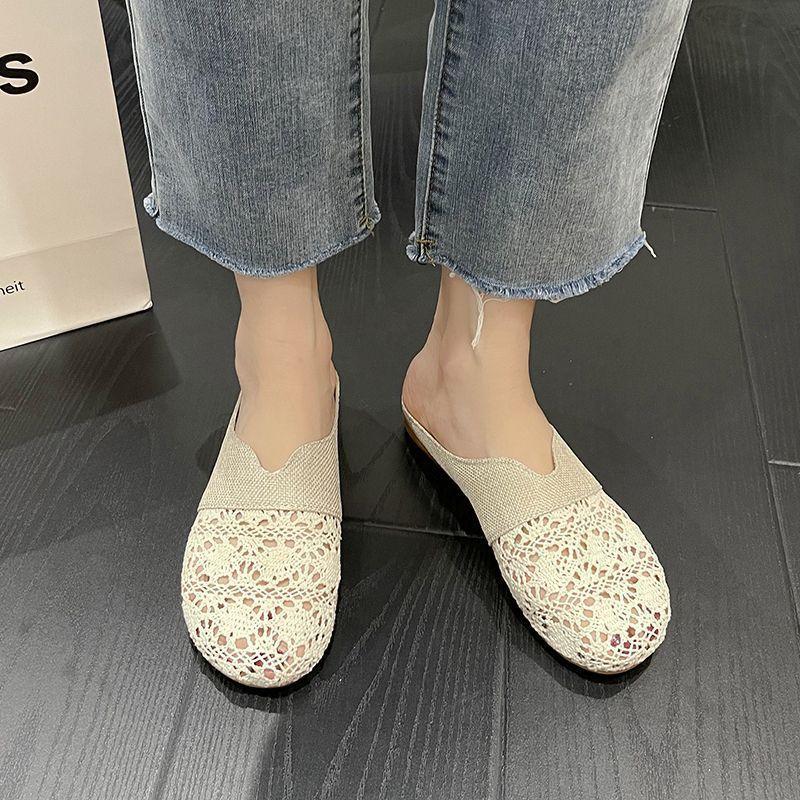 Internet celebrity slippers women wear 2025 summer new mesh breathable lazy shoes versatile flat-bottomed bag head half drag single shoes
