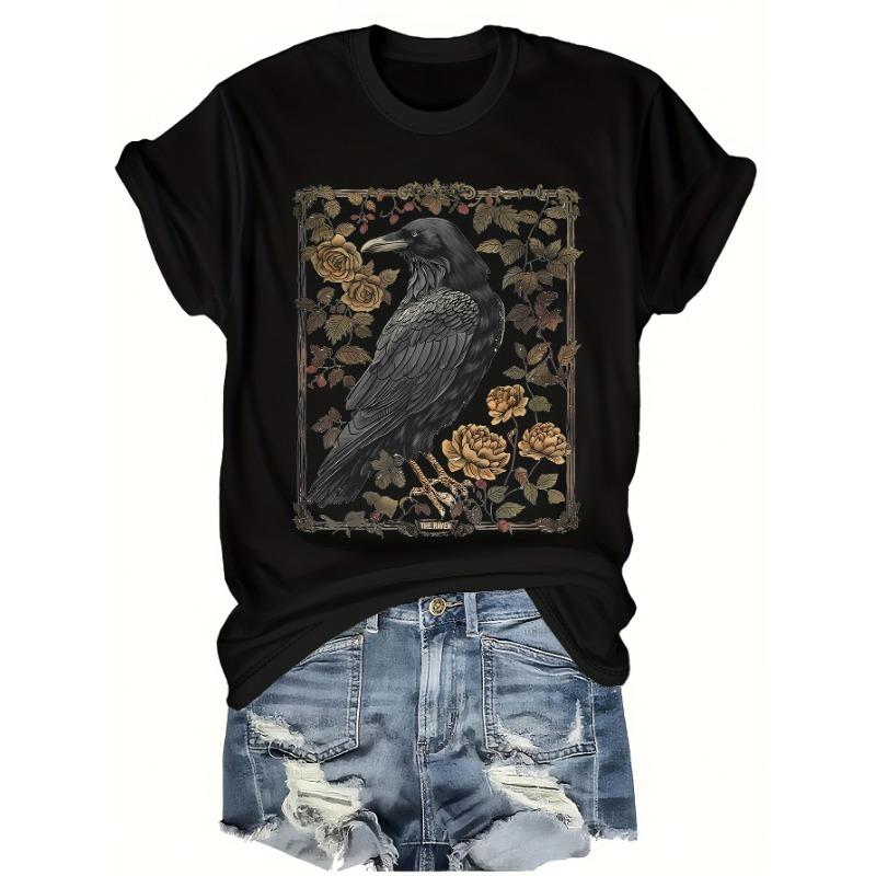 Retro Flower and Crow Pattern Printing + Short Sleeves + Round Neck T-shirt + Spring and Summer Women's Clothing