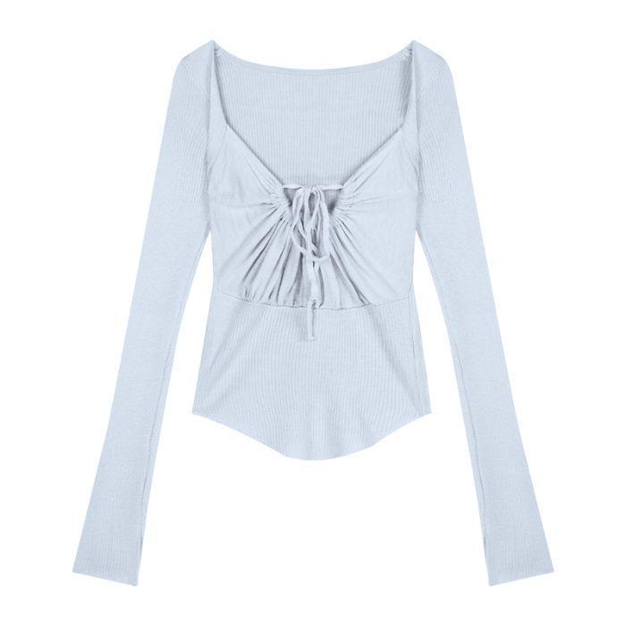 

Элегантный женский белый облегающий топ с длинным рукавом и глубоким вырезом на завязках для осени/зимы One Size синий