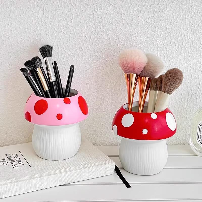 Mushroom Shaped Resin Flower Pot with Polka Dots for Home Decor - Cute Indoor Plant Pot, Brush Holder, or Office Organizer