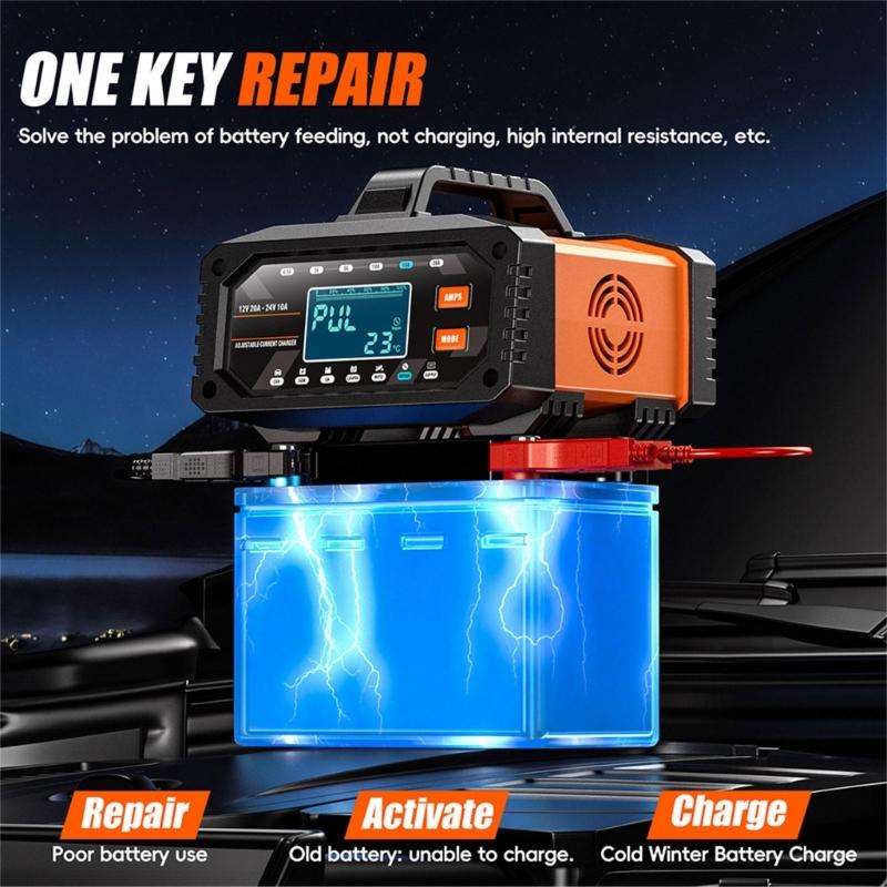 12V/24V Car Battery Charging Equipment with LCD Display Pulse Repair Intelligent Charging Device for Cars Trucks Boats