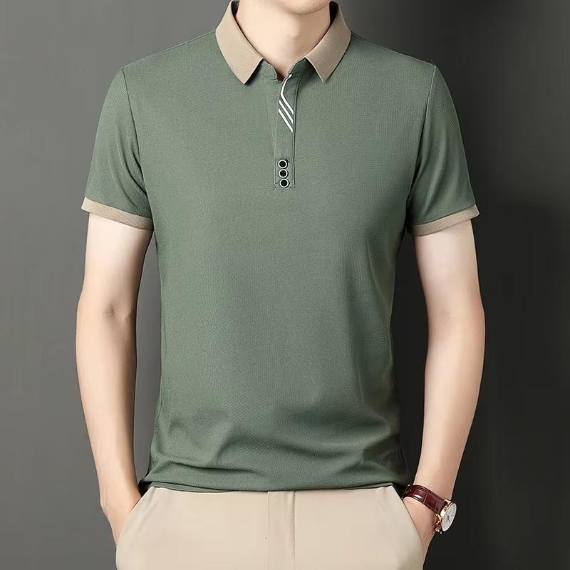 Summer Men's Polo Shirt Jacquard T-shirt Lapel Collar Color Block Casual Short Sleeve Tees Breathable Male Button Tops