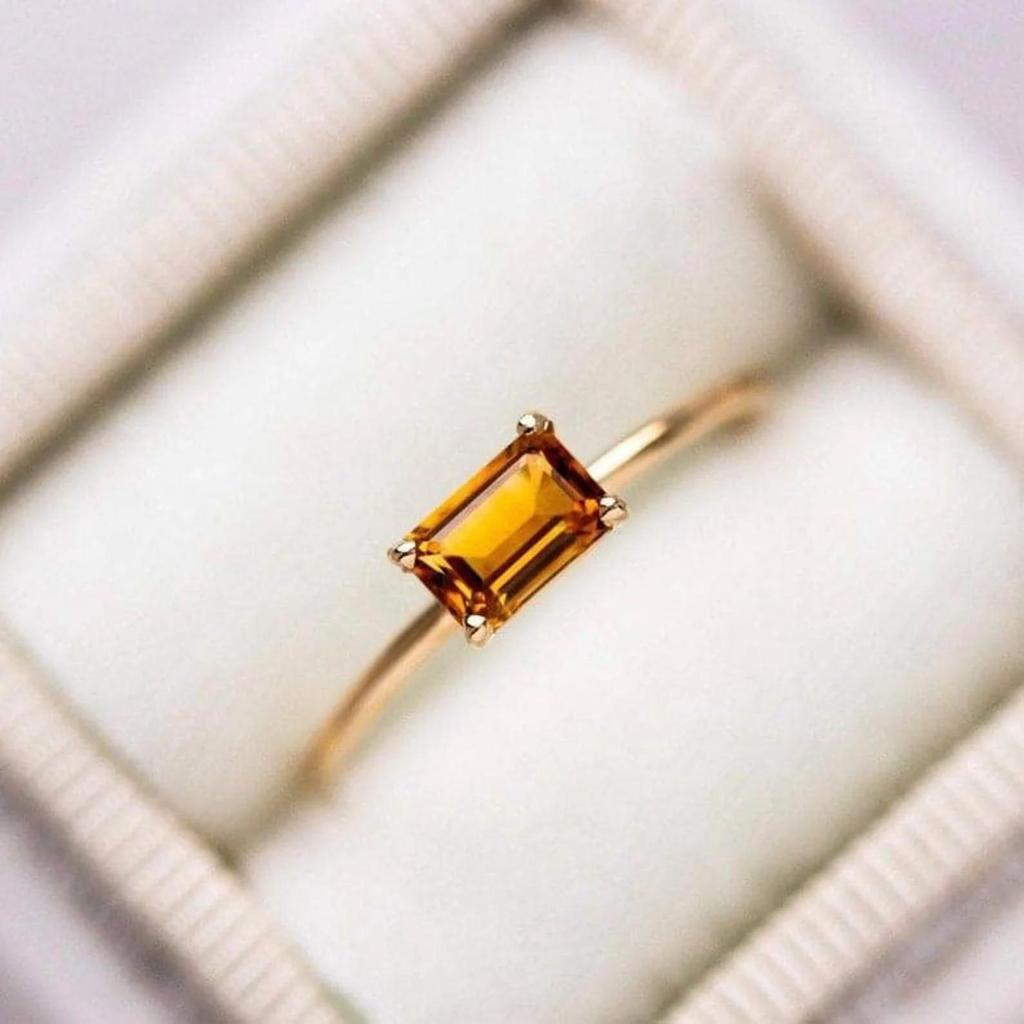 Yellow Gold Plated Citrine Ring: Baguette November Birthstone Solitaire Ring: Minimalist Bridal wedding jewelry gift for her