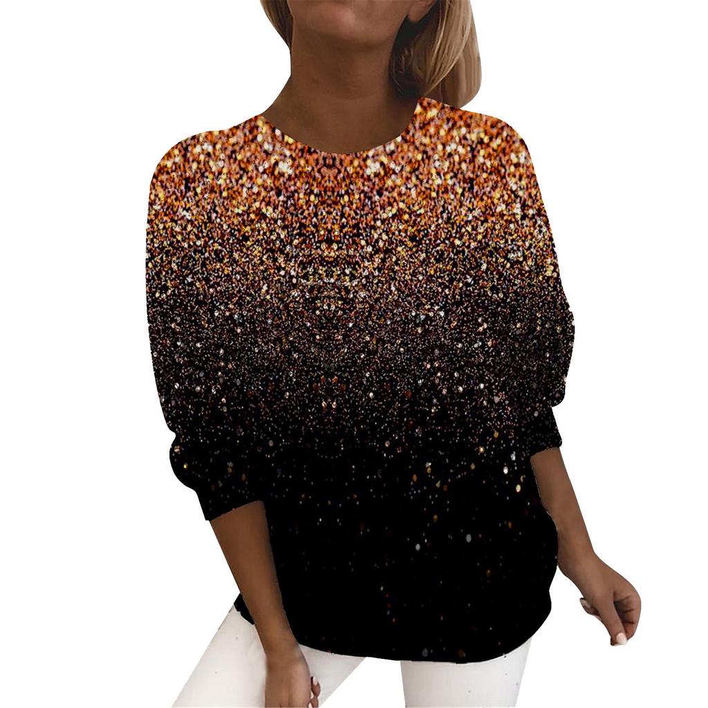 Modne Casualowe Damskie T-shirty z Okrągłym Dekoltem i Błyszczącym Nadrukiem 3D z Długim Rękawem