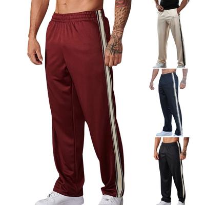 Men Sport Pants Loose Straight Wide Leg Elastic Waist Soft Breathable Side Stripe Solid Color Gym Traning