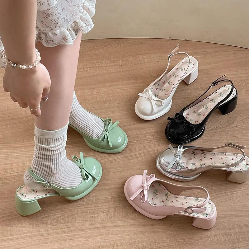 Scarpe Mary Jane da Donna Dolci con Fiocco a Farfalla Scarpe Lolita Tacco Spesso Sandali Singback Moda Casual Sandali in Pelle da Donna