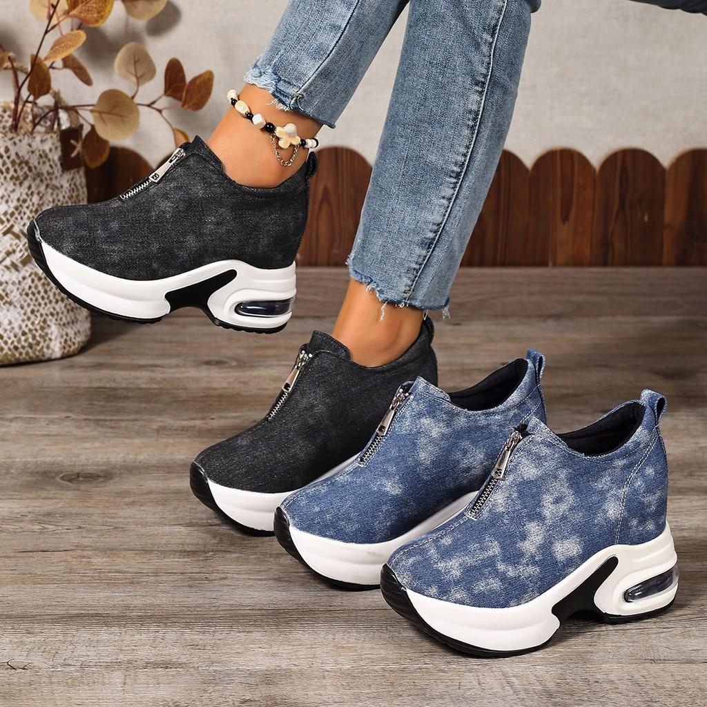 Casual Denim Platform Sneakers With Zipper Closure For Womens Autumn Walks