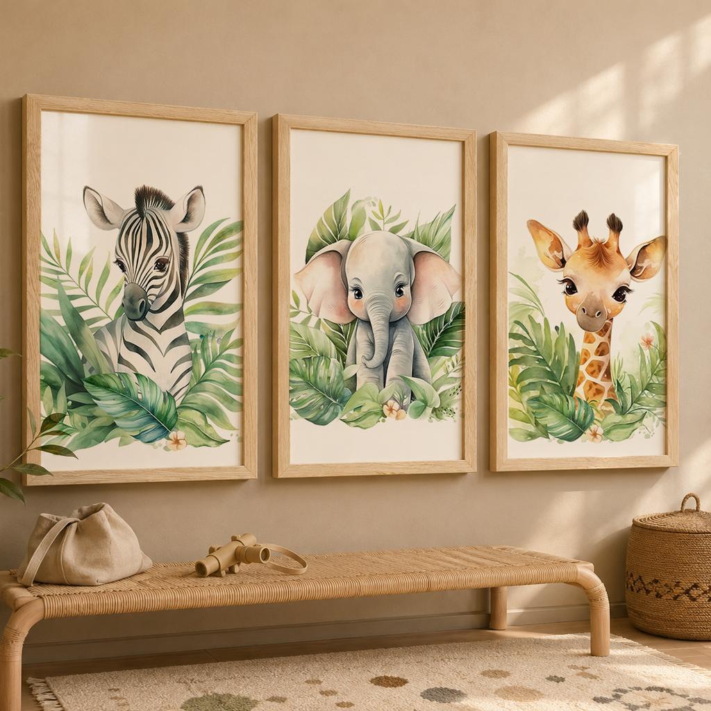 Nursery Plant Wall Art, Cute Giraffe Elephant Zebra Safari Canvas Painting, Animal Poster Print for Baby Kids Bedroom Decor