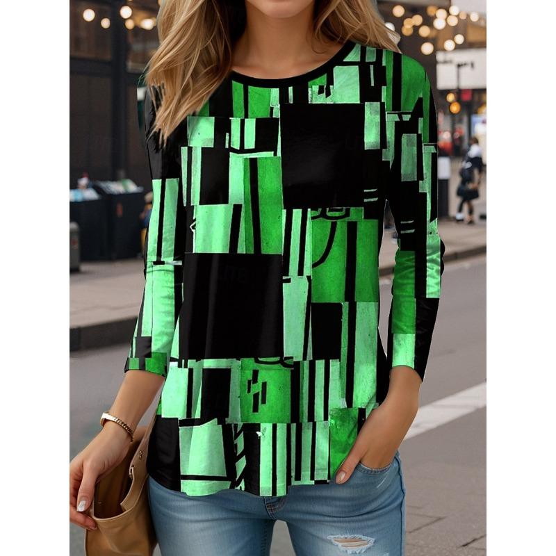 Women's Casual T-shirt 3D Printed  Checkered prints Round Neck Retro Elegant Long Sleeves Women's Fashion Pullover Long Sleeve Tops