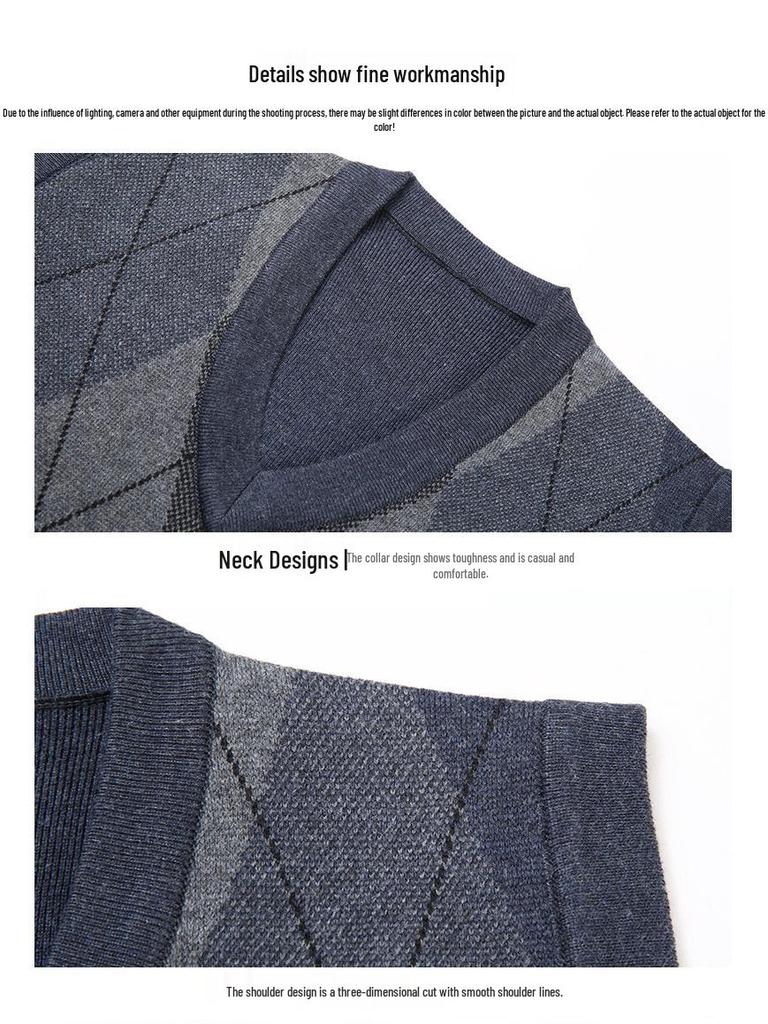 Men's Winter Sleeveless Plaid Knit Sweater Vest - Thick & Warm, Middle-aged Casual Style