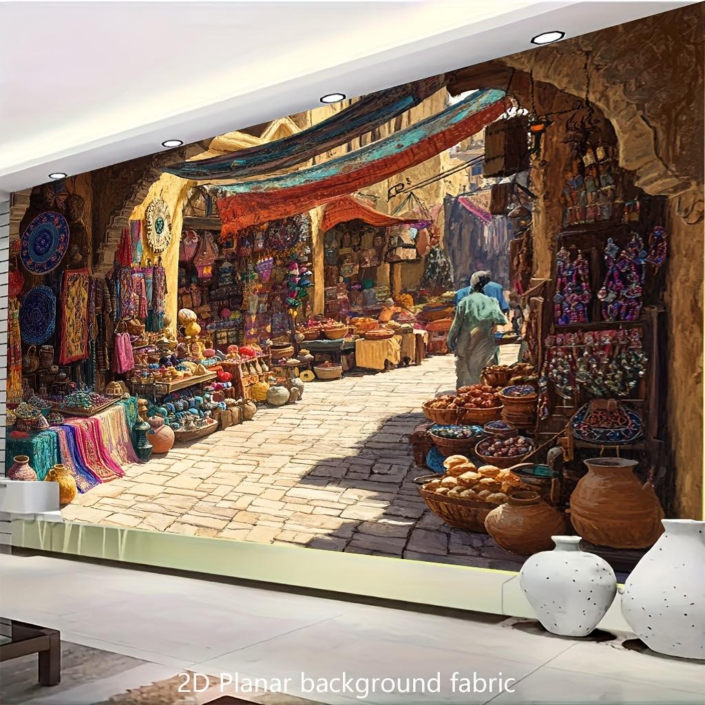 Detaillierte marokkanische Marktsouk-Gobelin-Wandkunst Bohemian Boho Straßenszene Hängender Leinwanddruck Mediterrane ethnische Heimdekoration