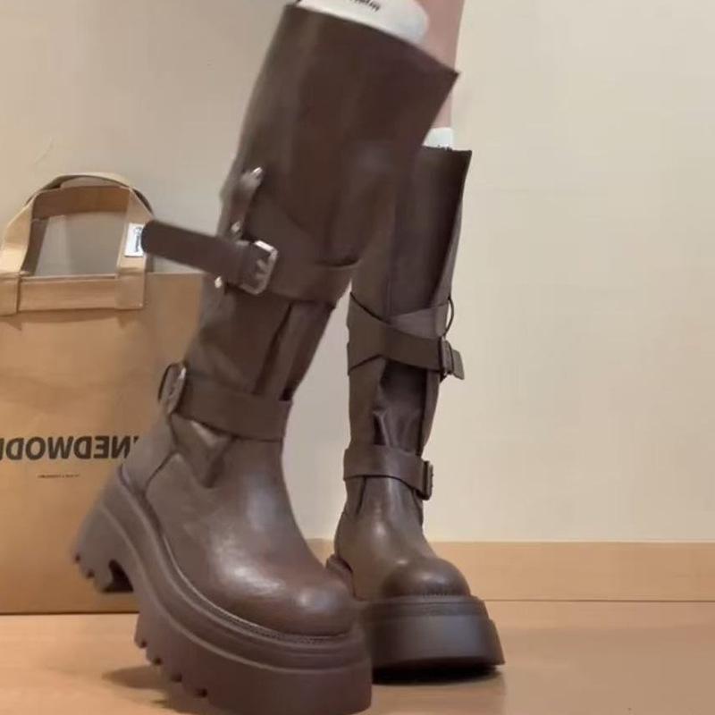 Thick-soled high boots children's 2025 new autumn and winter retro but knee belt buckle long boots slim knight boots