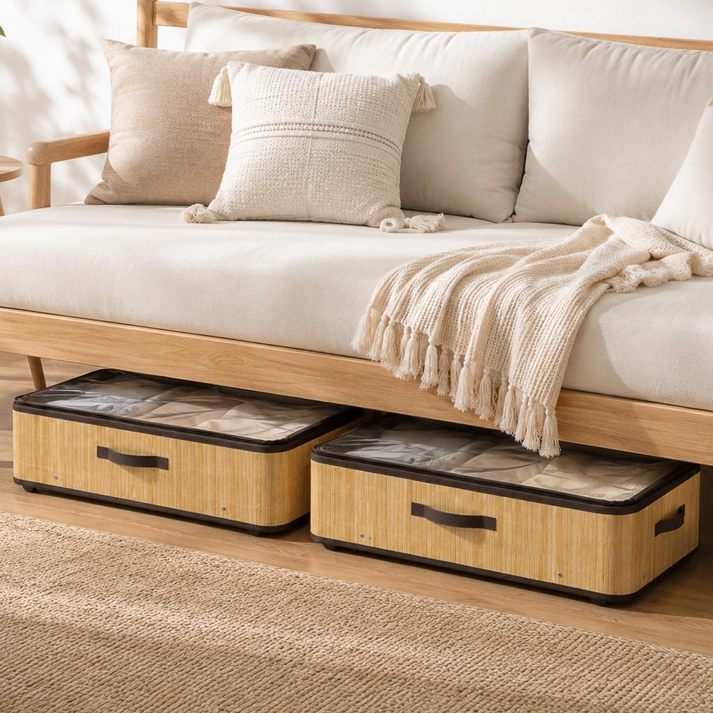 60L Under Bed Storage with Wheels, Pack of 2, 23cm Height, Natural