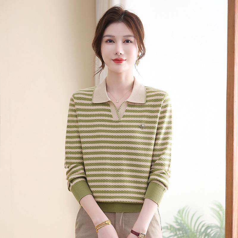 

Mom s Autumn Stripe Knit Lapel Top - 2026 New Style for Middle-Aged & Elderly Women, Perfect for Spring & Autumn 2XL (130-145 lbs) зелёный