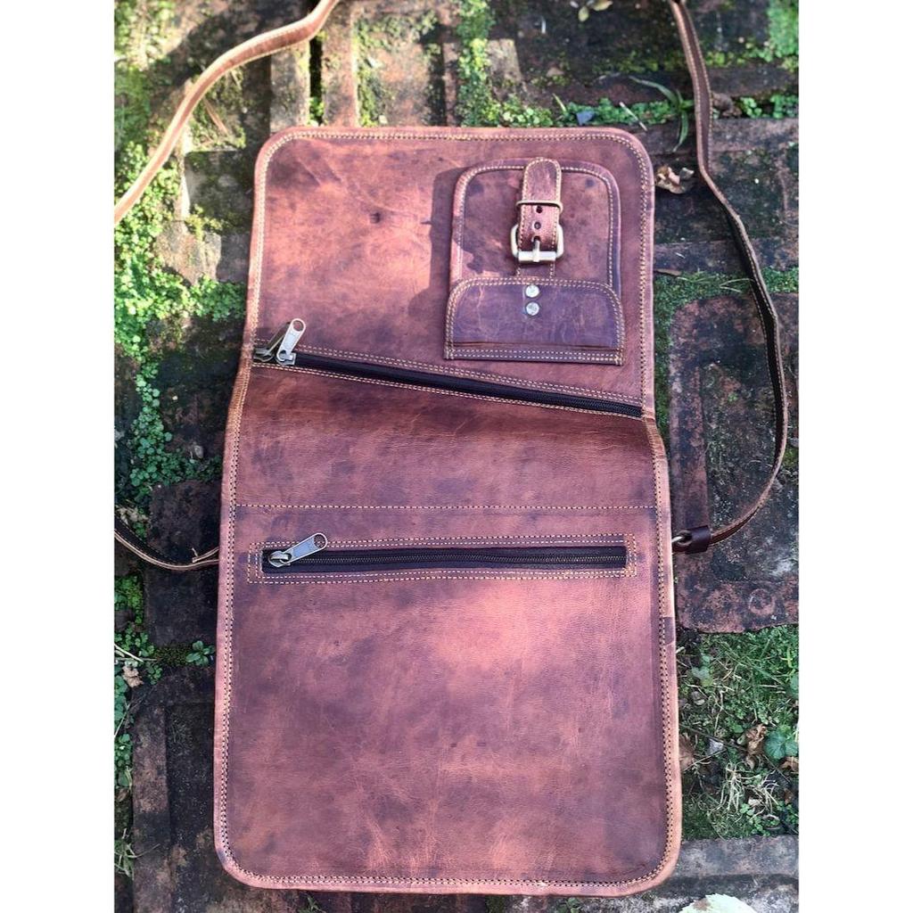 Rustic leather satchel, vintage-look leather messenger, leather shoulder/crossbody satchel, quirky iPad bag 11”x9”, gift for Father’s Day