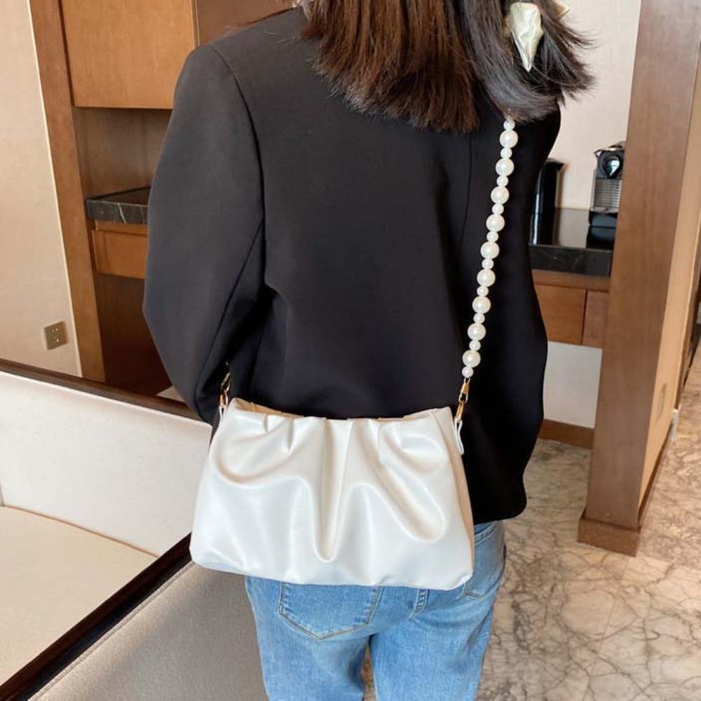 PU Leather Pearl Chain Bag Korean Style Bow Handbag Trendy Pleated Shoulder Bag Unisex