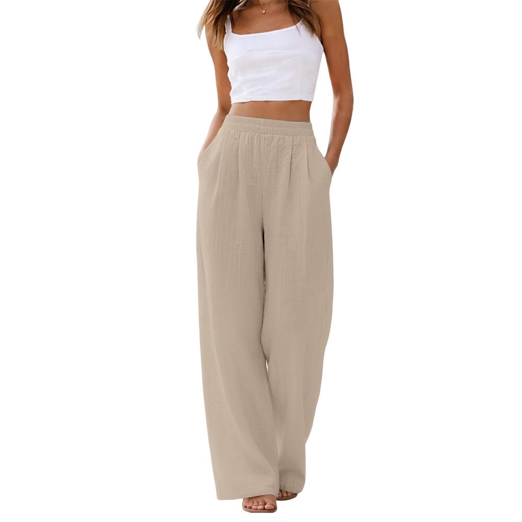 Women's Linen Wide Leg Pants Elastic Waist Summer Beach Vacation Lightweight Loose Fit Long Trousers Casual Comfortable