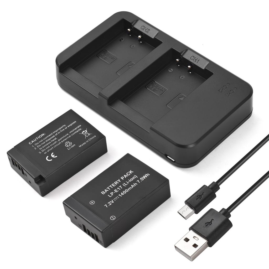 Camera LP E17 Battery & Charger Kit with 2 slot Battery Charger + 2pcs LP E17 Batteries 7.2V 1400mAh + USB Charging