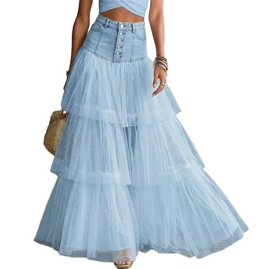 Women Skirt, High Waist Mesh Splicing Skirt, Soft Breathable Patchwork Hip Covering Versatile Maxi Skirt for Party Beach Wedding Night Out