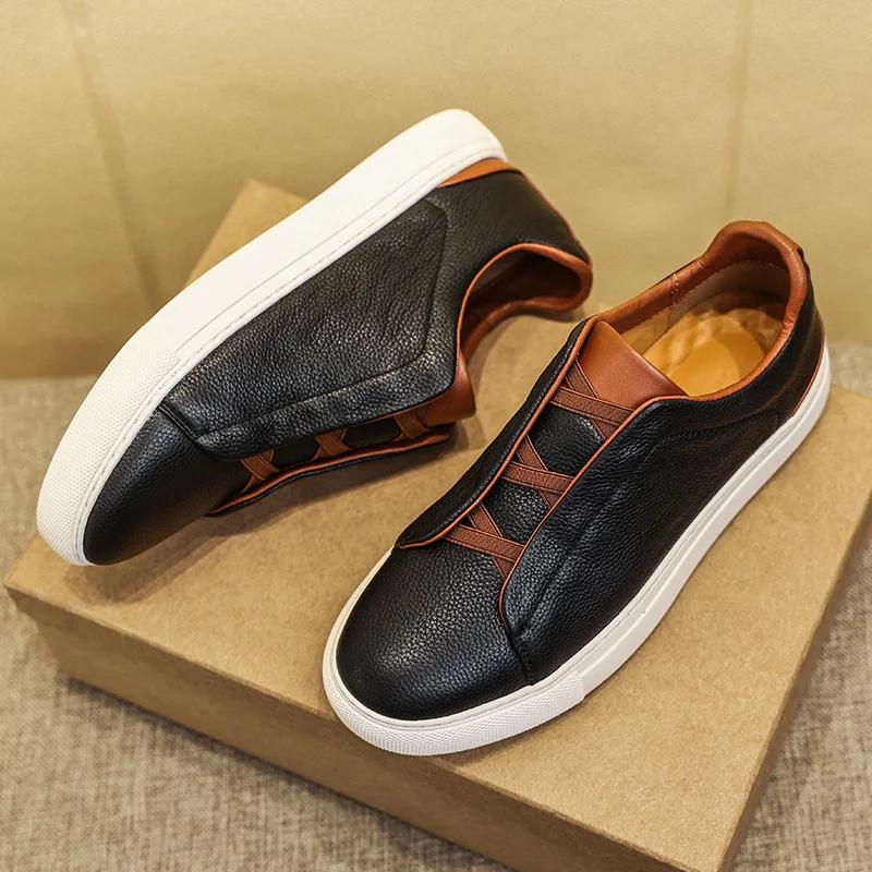 Men Casual Shoes genuine leather Spring autumn Flats Shoes Man Trendy Shoes black white Fashion Designer Sneakers men flats
