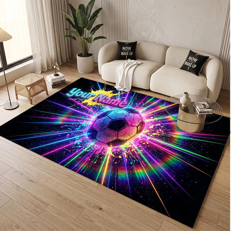 Soccer Theme Soft Crystal Velvet Rug Custom Name & Text Print Non Slip Floor Rug for Bedroom Living Room