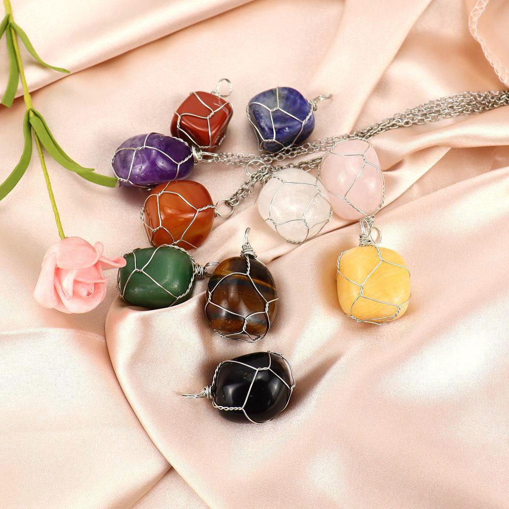 Handmade Silver Wire Winding Irregular Conformal Natural Stone Crystal Rough Stone Pendant Necklace N670