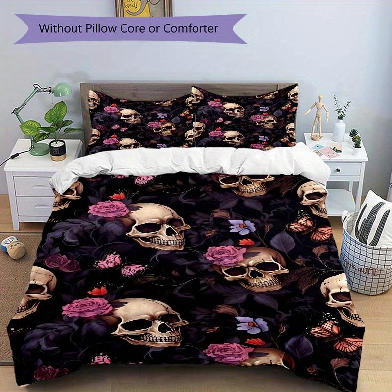 3pcs Skull Floral Pattern Bedding Set, Ideal for Home Use, Suitable for Bedroom Decor (1*Duvet Cover + 1/2*Pillowcases, No Core) Yy250821189