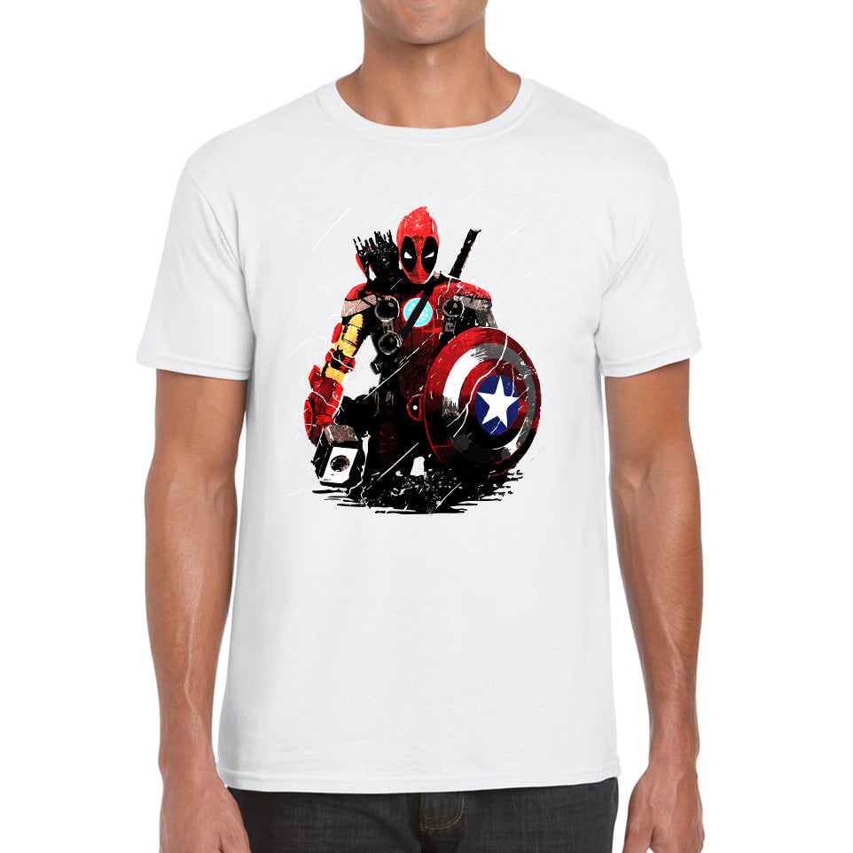 

Deadpool With All Marvel Superhero Weapons Captain America, Spired-man, Iron Man, Deadpool, Thor, And Hawkeye Mens Tee Top 4XL
